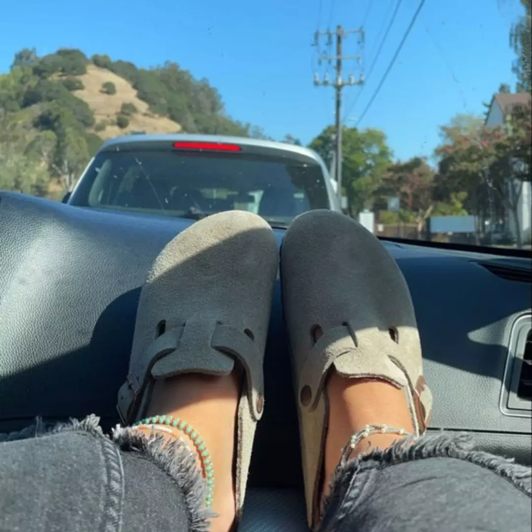 Two clogs side by side in a car